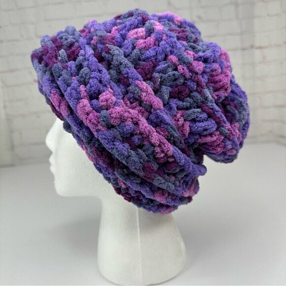 Handmade New Purple Pink Chunky Chenille Slouchy Winter Knit Beanie Large - Picture 2 of 11